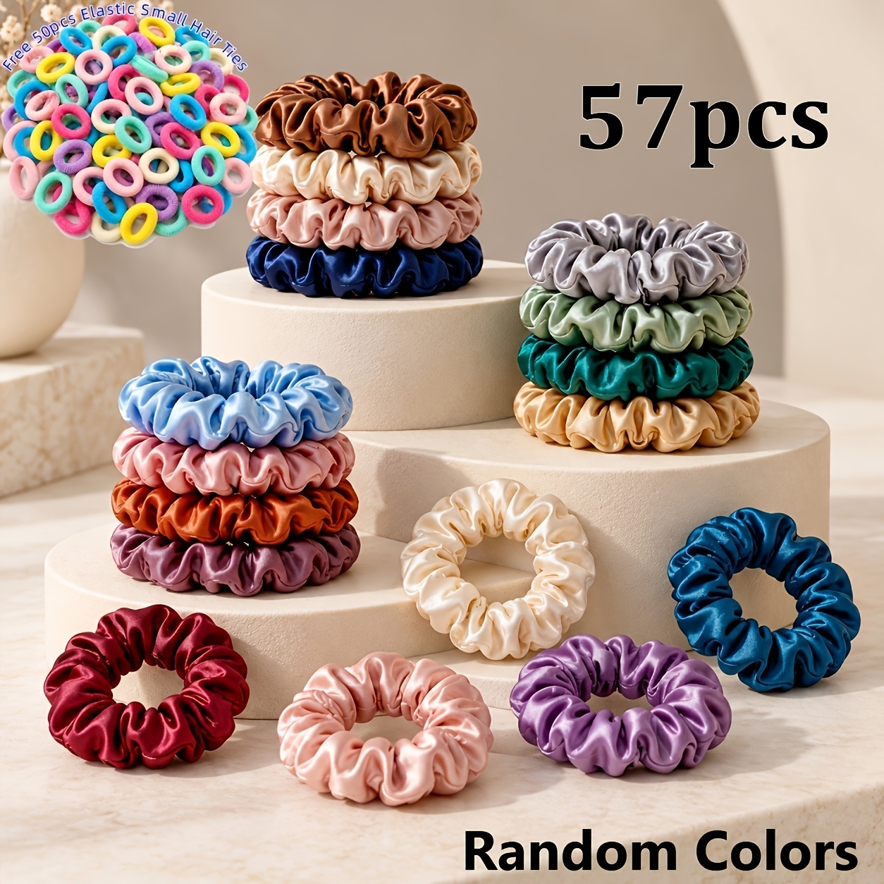 TEMU 57pcs Women's Hair Tie Set, 50pcs Elastic Small Hair Ties + 7pcs Small Hair Ties, Random Colors. Stylish And Elegant Satin Texture Hair Ties And