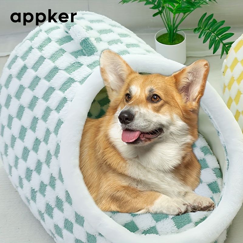   cozy checkerboard plush cat bed semi enclosed soft warm indoor kennel for cats portable and comfortable hideaway   Product details 6