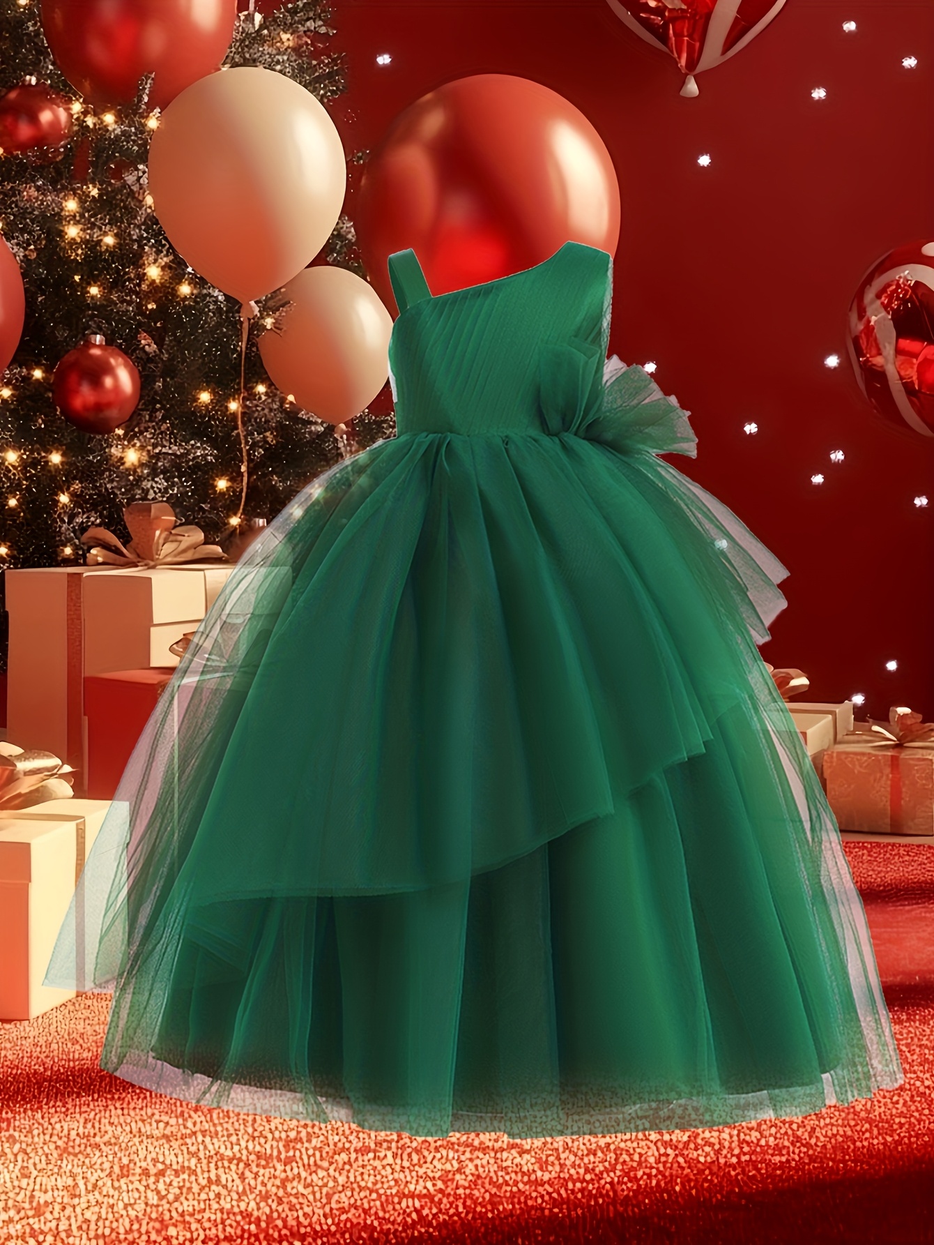 girls christmas dress sleeveless dark green long dress tulle