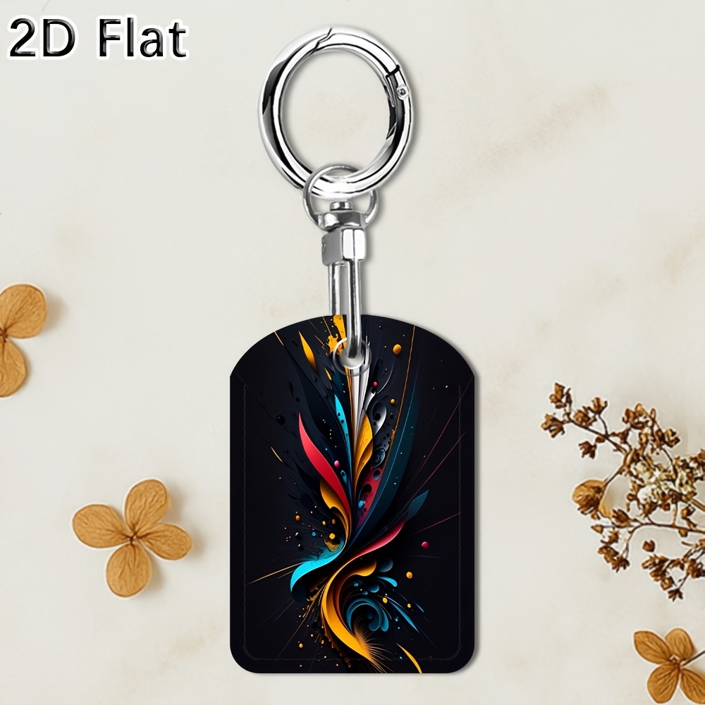 TEMU 2d Flat, 1pc Pu Leather Keychain Access , Flat Design With Artistic Colorful Abstract Pattern, Portable Rfid Key Fob For Door Entry, Stylish Key