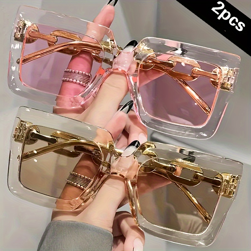 

2pcs Luxury Oversized Square Fashion Fashion Glasses For Women - Golden & Rose Golden Large Frame, Lenses, - Ideal For Beach Parties & Travel