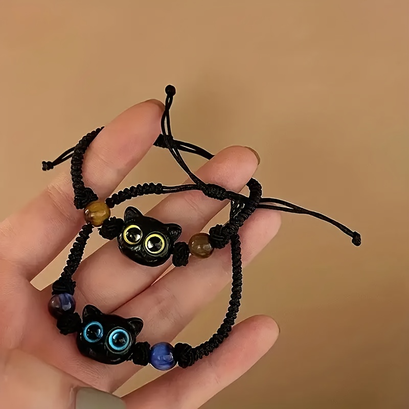 E-shop 2er Set Retro Elegante Schwarze Katze Harz Charm Handgewebte Verstellbare Perlen