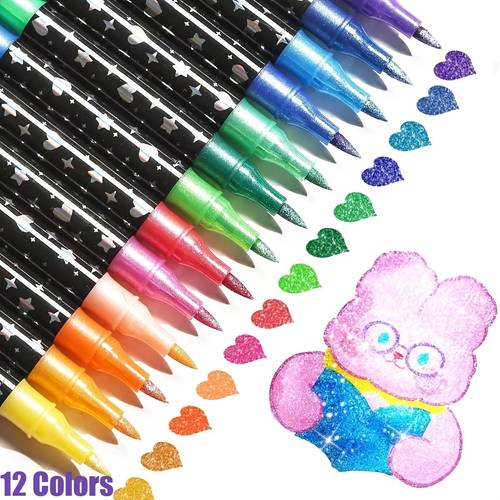 12 24 color random color dual tip glitter pen featuring fast drying ink designed for scrapbooking card creation journaling 24 color dual tip drawing pen glitter marker collection for students artists and crafting needs