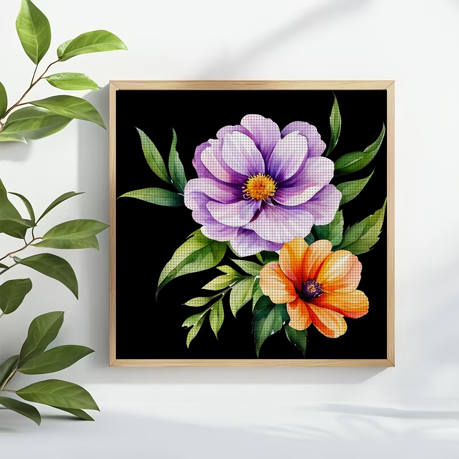DIY Cross-Stitch Printed Kit of Purple Orange Flower, Unframed