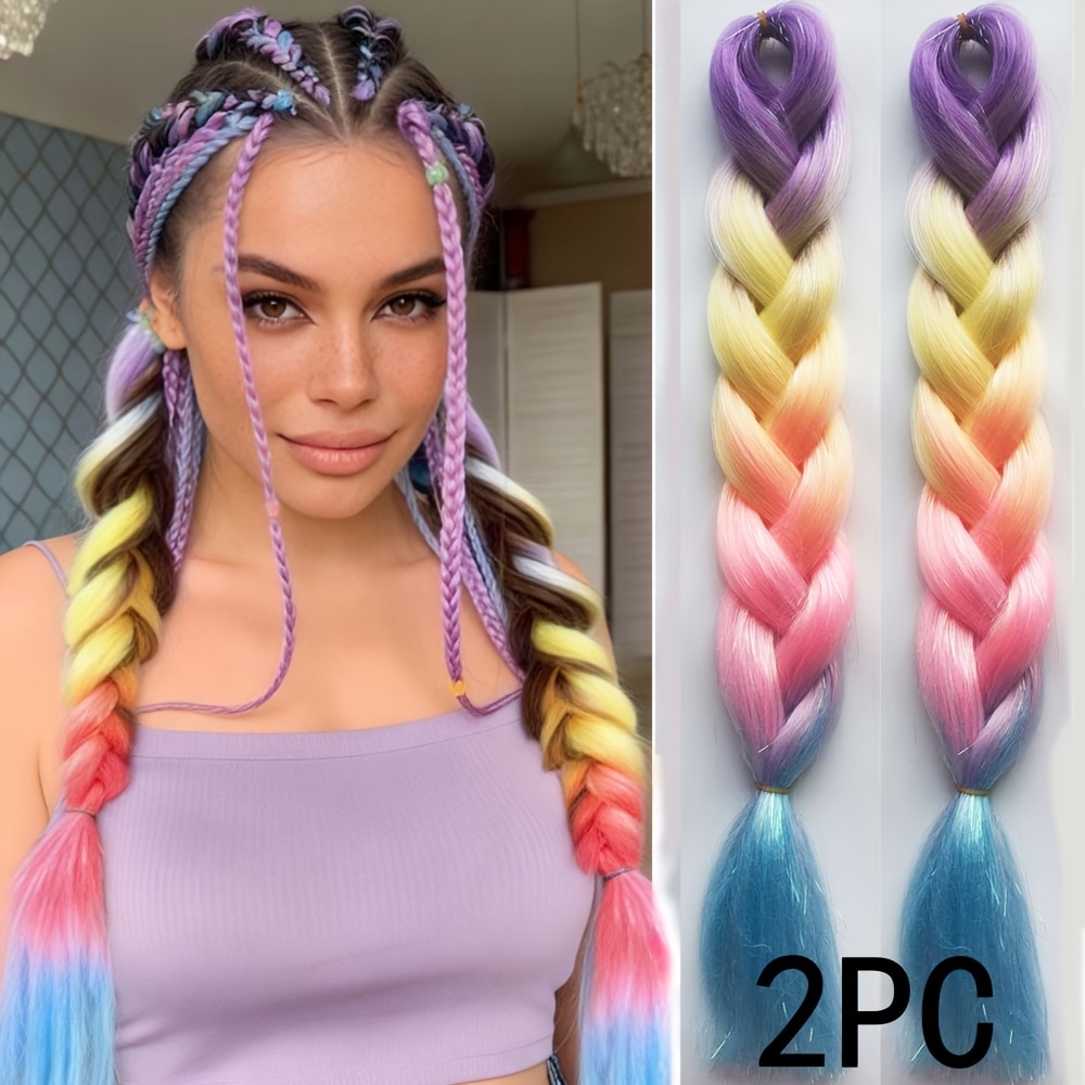 TEMU 2pcs 50g Sparkling Glitter Braiding Hair 24 Inch Pre-stretched Synthetic Tinsel Highlights Hair Extensions Braids Hair Accessories For Women