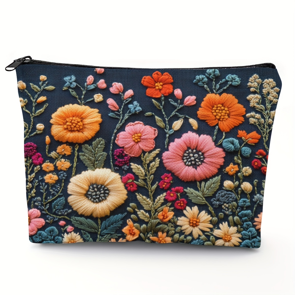 

1pc Floral Embroidered Polyester Cosmetic Bag For Women, Large Capacity Travel Makeup Pouch With Zipper, Multi-functional Organizer For , Hand Washable