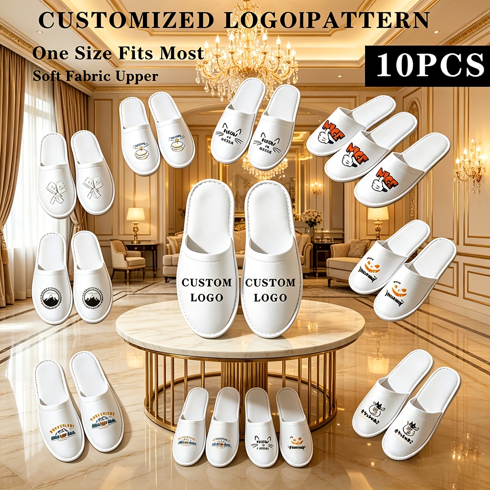 TEMU Custom Disposable Hotel Slippers With Personalized Logo & Pattern Printing, 10 Pairs Bulk Pack Soft Breathable Fabric Slippers, Fits Most Guest
