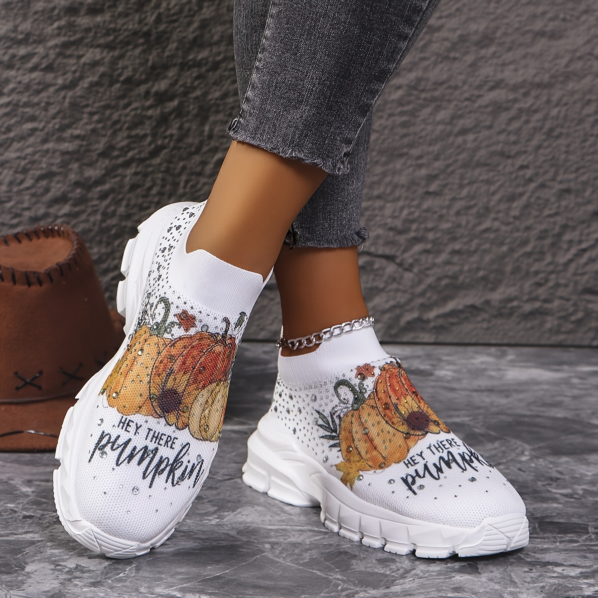 

Women's Pumpkin Theme Sneakers, Rhinestone Casual Slip On Soft Sole Knitted Shoes, Breathable Low-top Sock Shoes