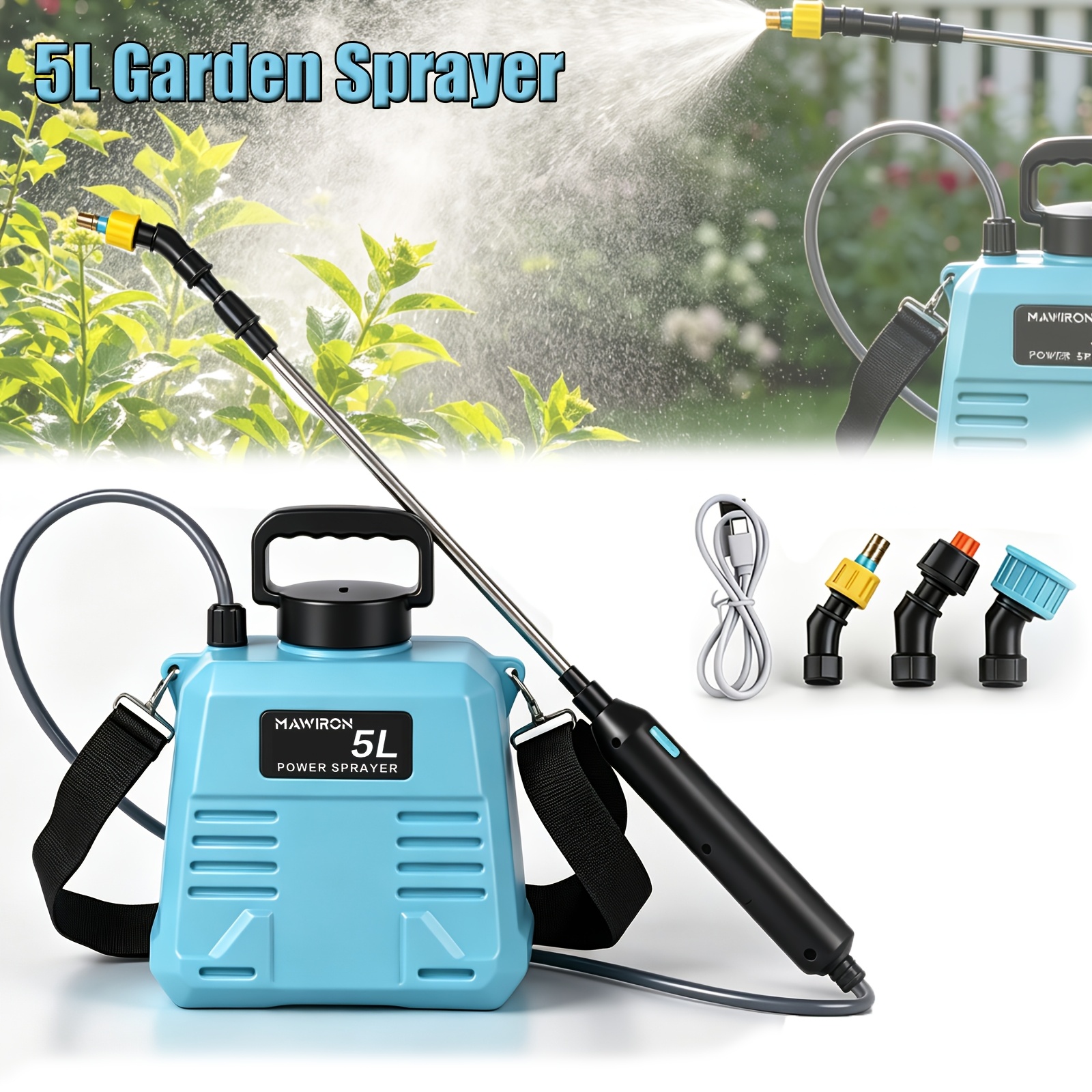 Garden Sprayer 5l, Battery Powered Pressure Sprayer With 3 Adjustable Spray Powers, 1m Water Pipe, Upgrade Electric Weed Spray And Water Spray With Adjustable Shoulder Strap