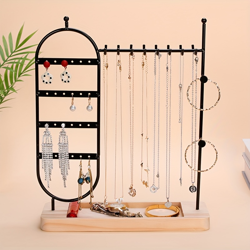 Portagioielli Girevole in Metallo Nero (22 Ganci) - 34x21cm - Torre Espositiva per Gioielli - Porta Collane, Bracciali, Anelli e Orecchini