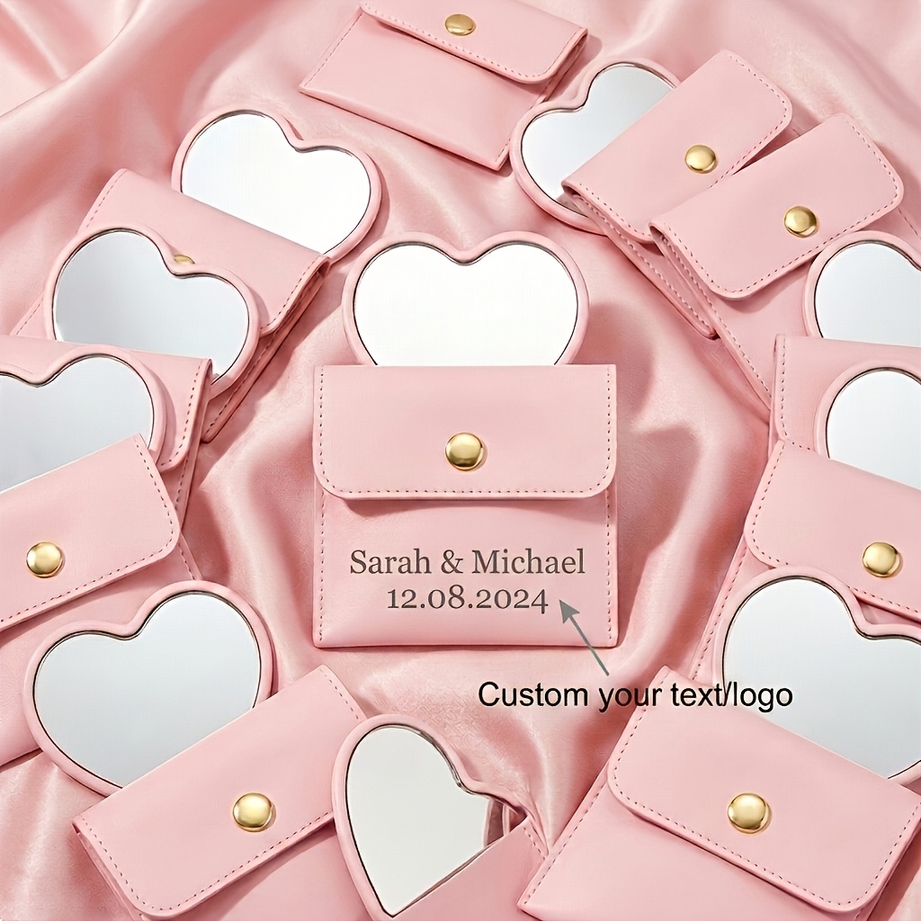 TEMU 30 Sets Personalized Custom Love Mirror With Leather Pouch, Wedding Party Gift Set, Mini Portable Pocket Makeup Mirror, Suitable For Bridesmaid