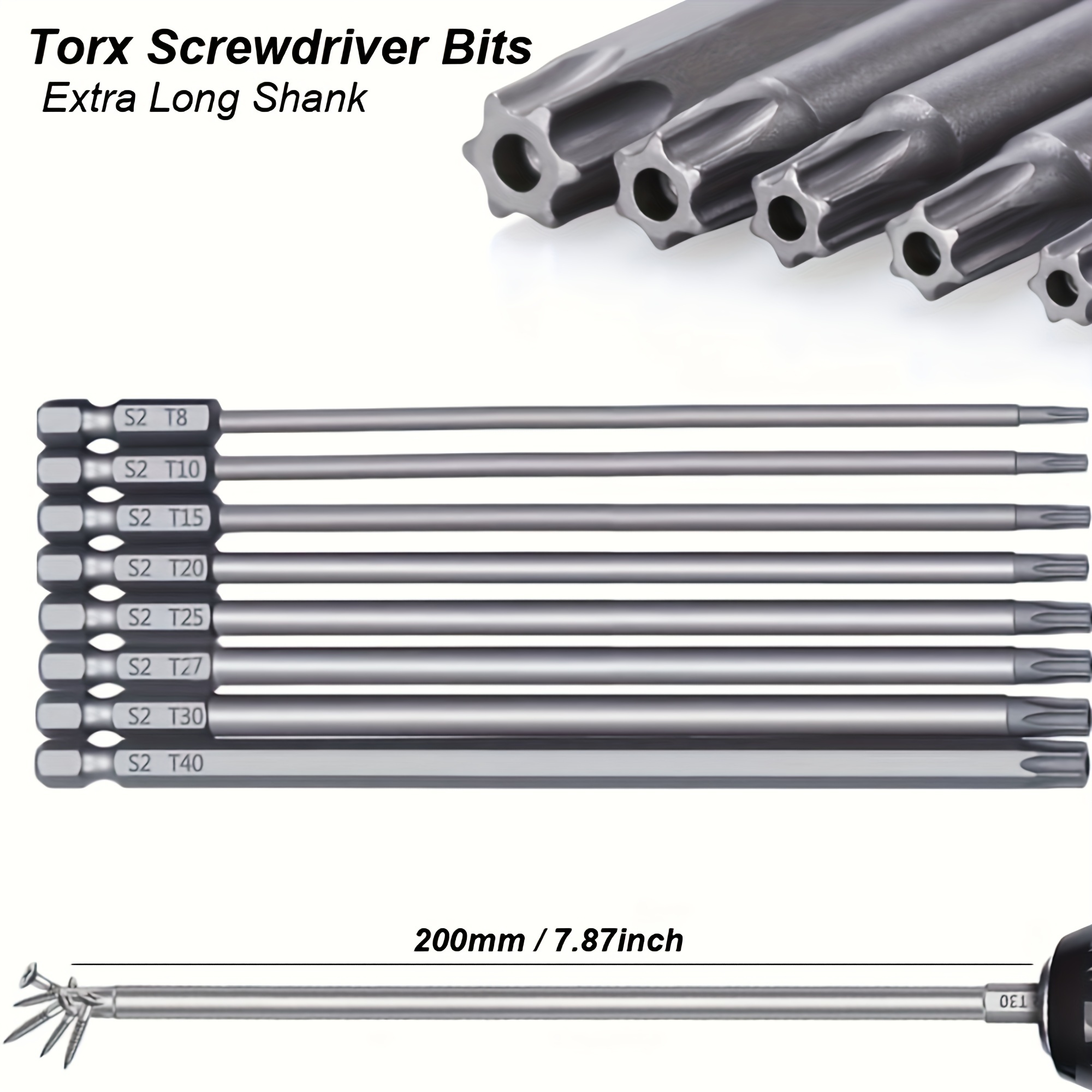 

1 Ensemble de Tournevis Torx Magnétique Extra Long 200mm Ensemble de Sécurité Anti-Volonté avec Trou pour Perceuse Électrique Tournevis à Longueur Étendue Tige T8 T10 T15 T20 T25 T27 T30 T40