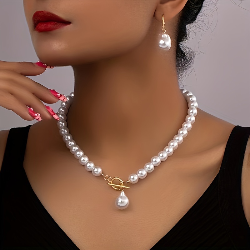 

Drop Earrings + Necklace Elegant Jewelry Set Made Of Faux Pearl Trendy Ot Buckle Design Match Daily Outfits Party Accessories
