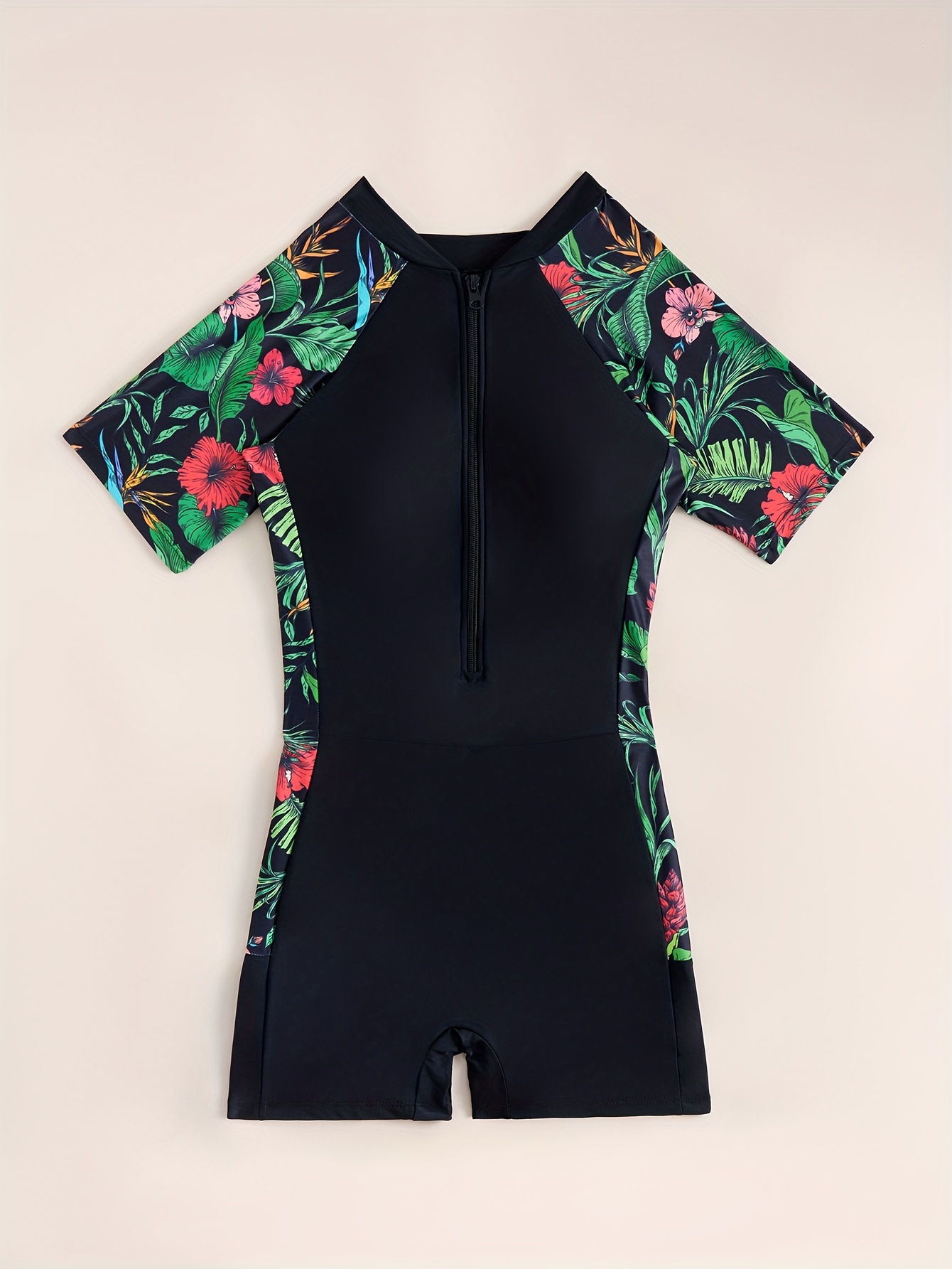Short Sleeve Tropical Floral Print Zipper Swimsuit Crew Neck - Temu Canada