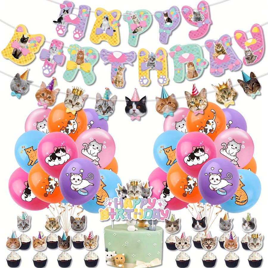 

40pcs Cat Theme Birthday Party Decoration Set, Cat Happy Birthday Banner Cake Topper & Latex Balloons Decorations, Pet Cat Birthday Party Scene Setup