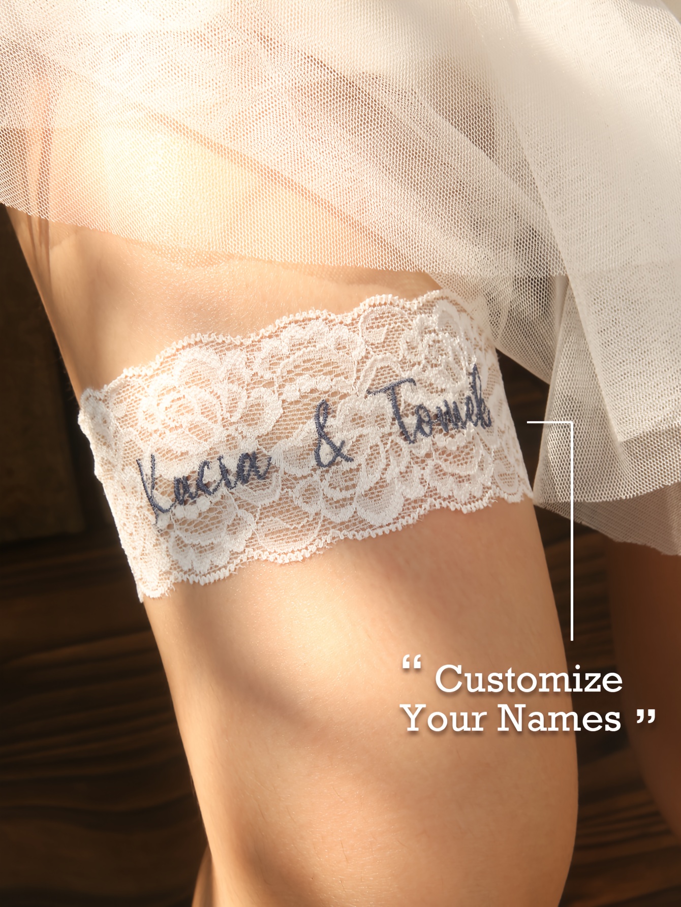 Sheilabox - Liguero de boda personalizado con nombre bordado, cinturón de encaje ajustable y elástico, recuerdo nupcial, regalo para la pierna de la novia