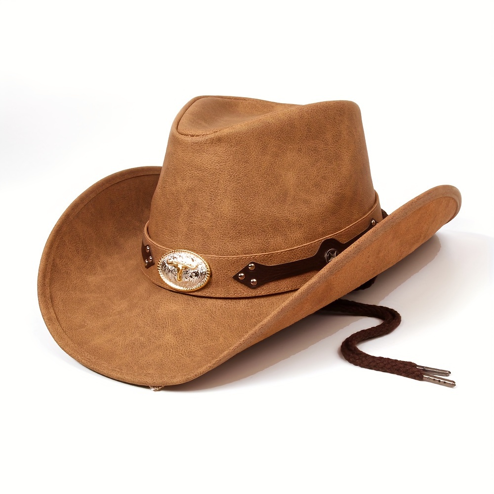 Faux Leather Cowboy Hat with Lanyard Wide Brim Western Cowgirl Hat women men faux leather western hat cowboy hats cowgirl hats  main image 2