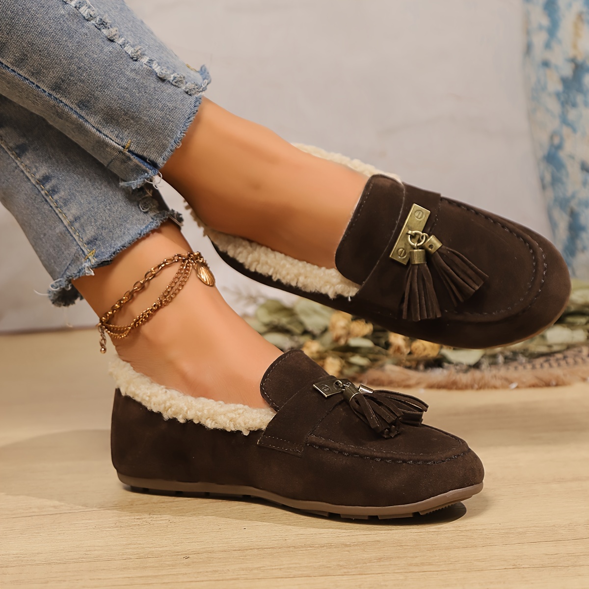 pair womens winter warm fleece lined slip tassel loafers Temu