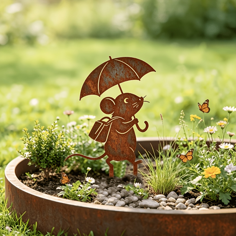 TEMU 【2d Flat】 [2d Flat] Iron Garden Decorative Ground Inserts, Rust-colored Iron Umbrella Mouse Ground Inserts, Outdoor Garden/path/flower Pond
