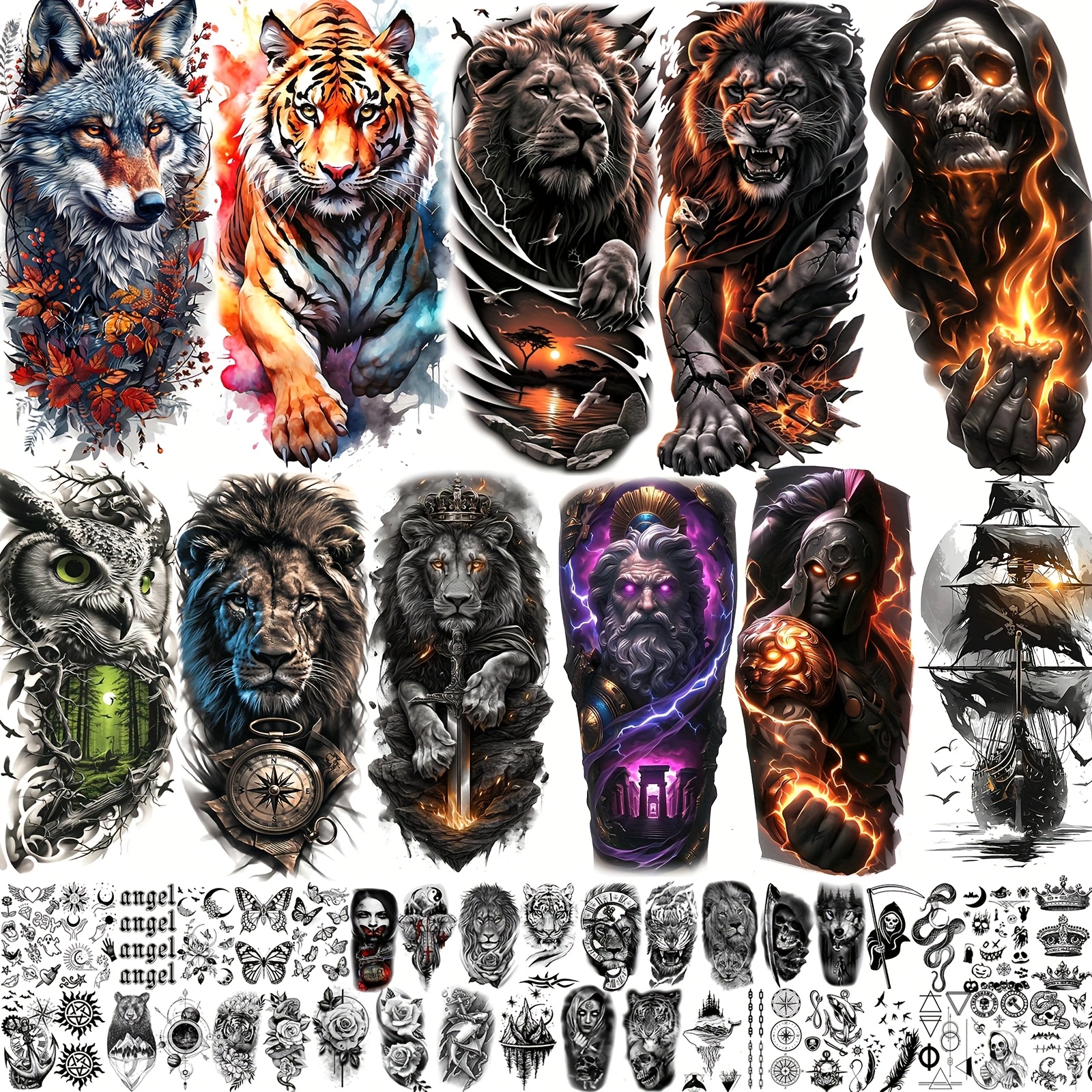 72 sheets lion skull temporary tattoos for men women halloween half arm sleeve tattoo stickers zeus   tiger ship 3d watercolor temp gothic waterproof   tattoos adults flower skeleton compass