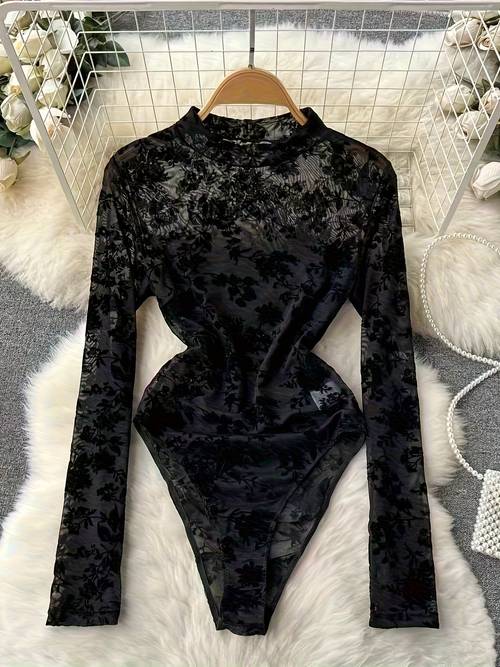 sheer lace embroidered long sleeve bodysuit with a round neck and a form fitting design 7172