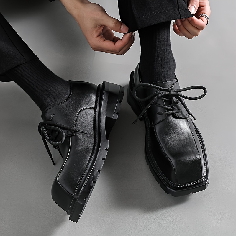 [Trendy Japanese Men's Shoes] Trendy Japanese High-end Popular Men's Shoes | Small Square Head Thick Sole Green Derby Casual Heightening Ins