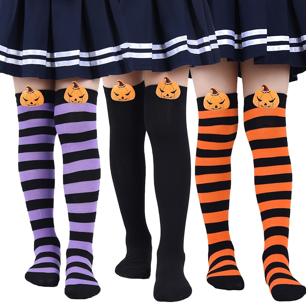 

1 Pair Kids Socks, Striped Black With Cute Pumpkin Doll, Long Knee-high Socks, Polyester & Spandex, Machine Washable, Seasonal, Girls Fashion, Knit Fabric