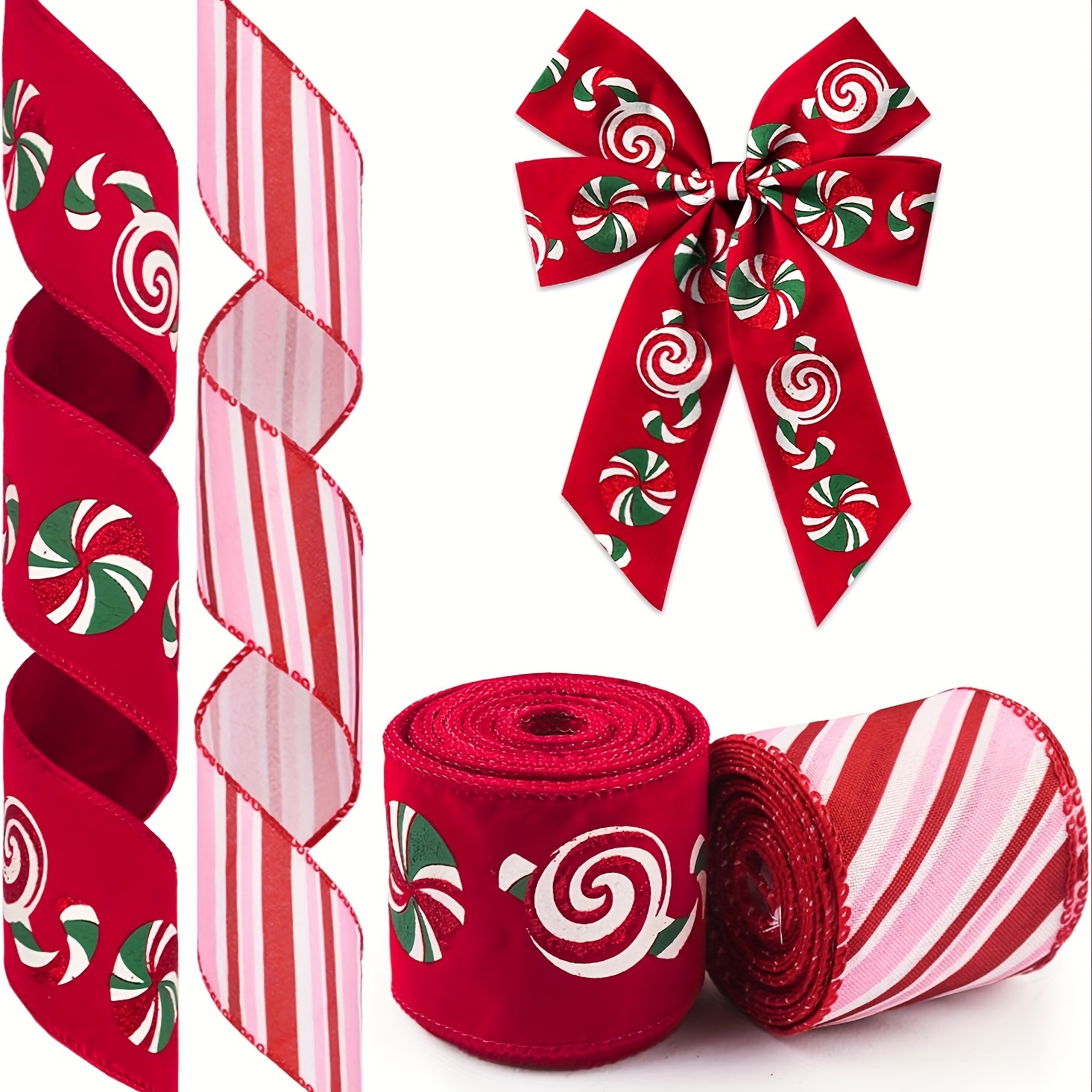 

2-piece Christmas Ribbon Set - Red & Cane Design For Gift Wrapping, Wreaths, And Diy Crafts - 2.5" Wired Polyester Ribbons For Holiday Decorations