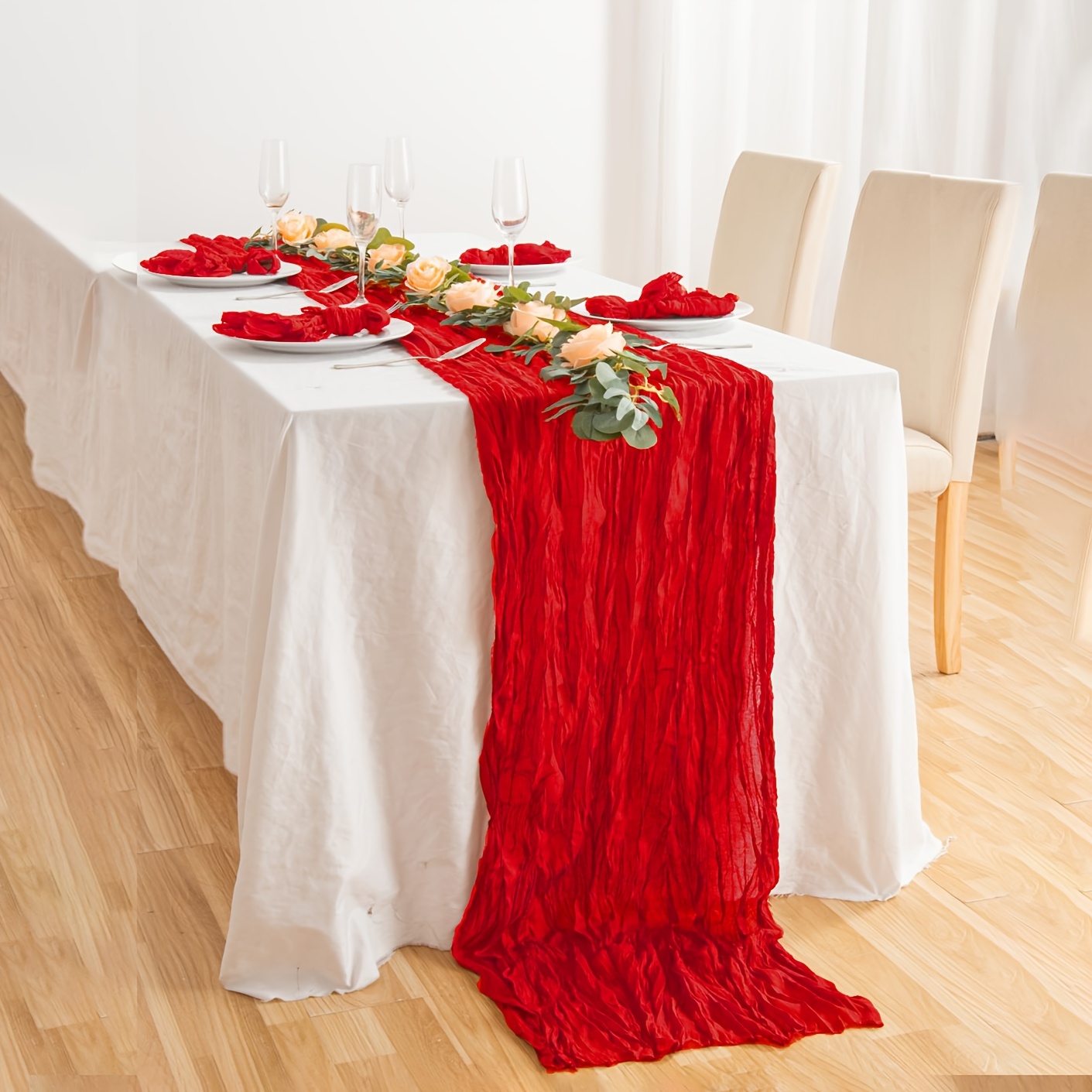 

1pc Elegant Red Cheesecloth Table Runner - Solid Color Polyester Woven Gauze Fabric, Rectangular Decor For Wedding, Birthday, Christmas, And Valentine's Day Decoration