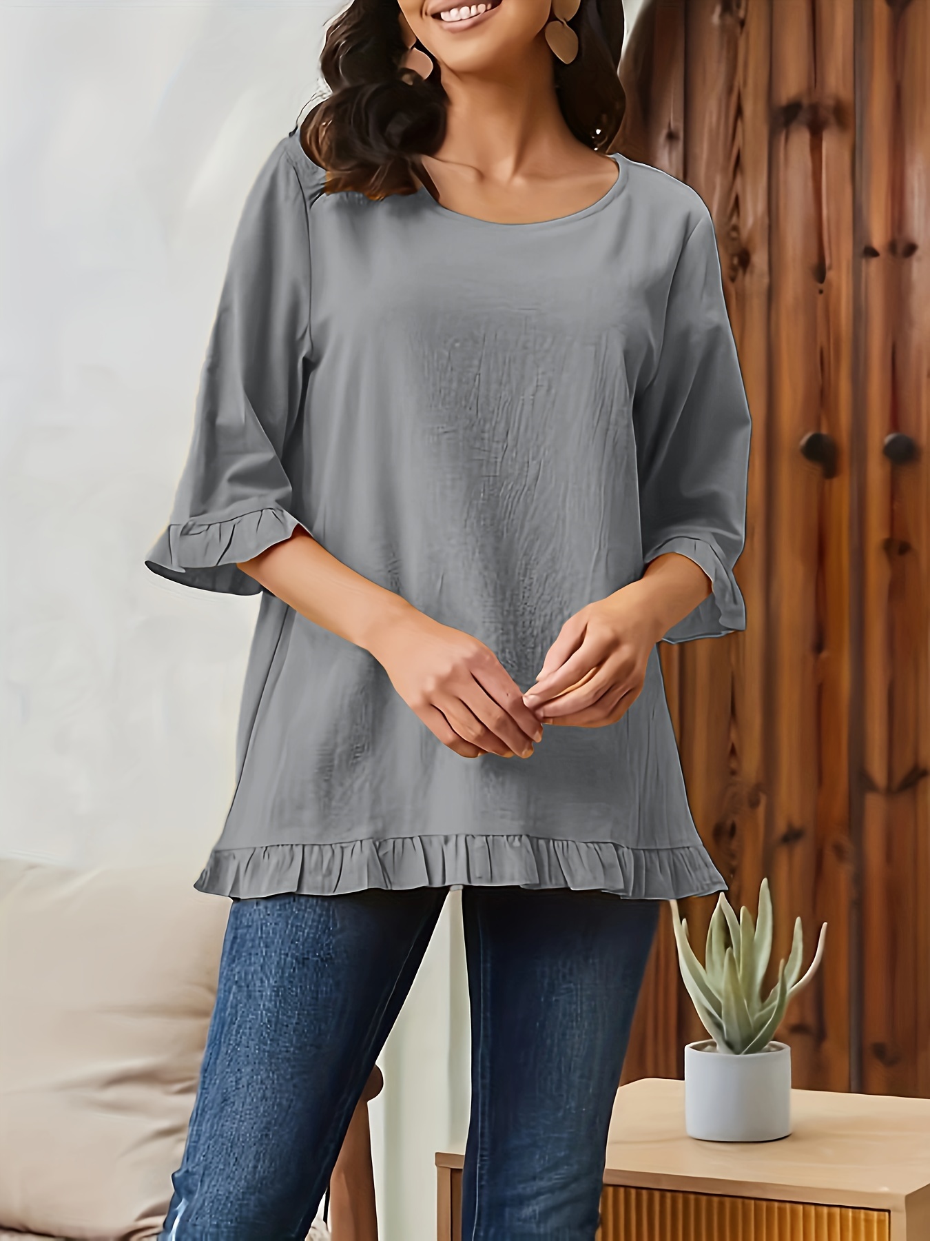 Solid Loose Casual Shirts Ruffle Sleeve Crew Neck Blouses - Temu