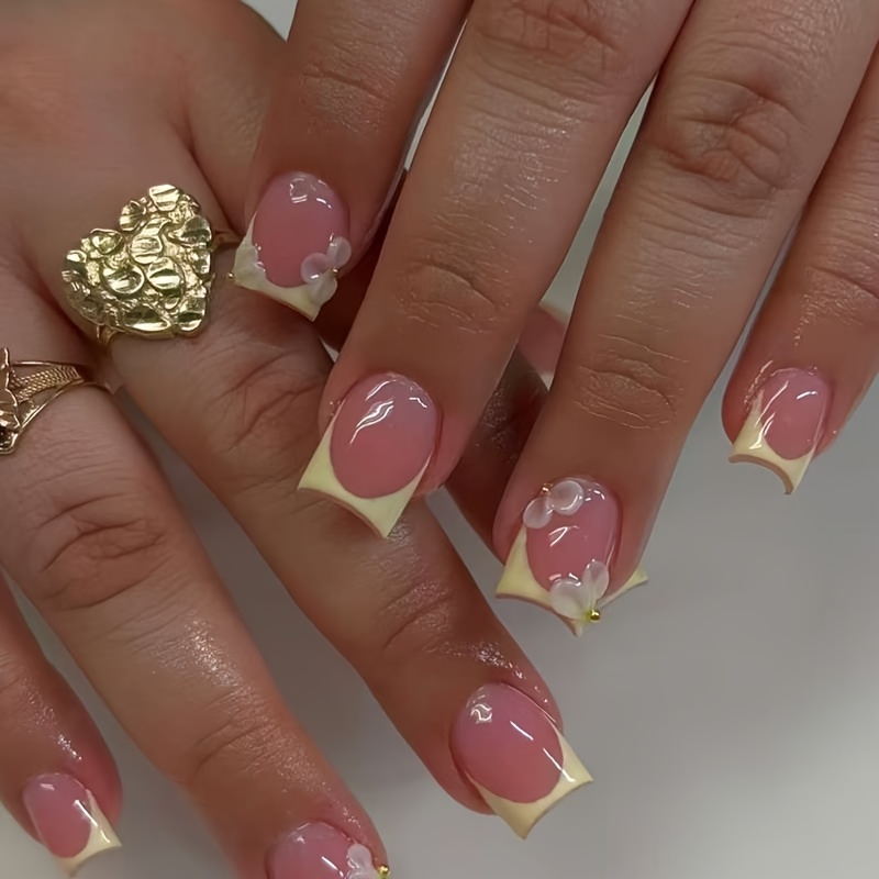 TEMU 1 Set 24pcs Short Square Press-on False Nails Gentle Yellow French Cute White Flowers Light Luxury Suitable For All Women And Box Includes Nail