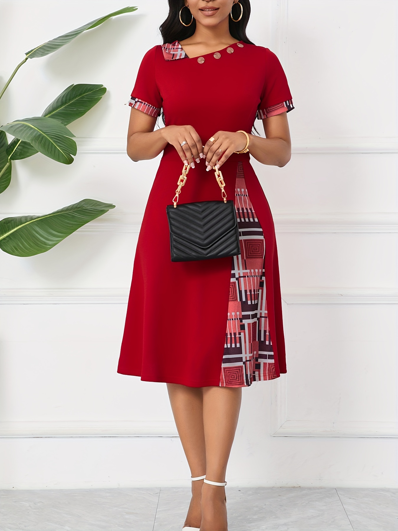 womens short sleeved a line dress round neck design high - Temu