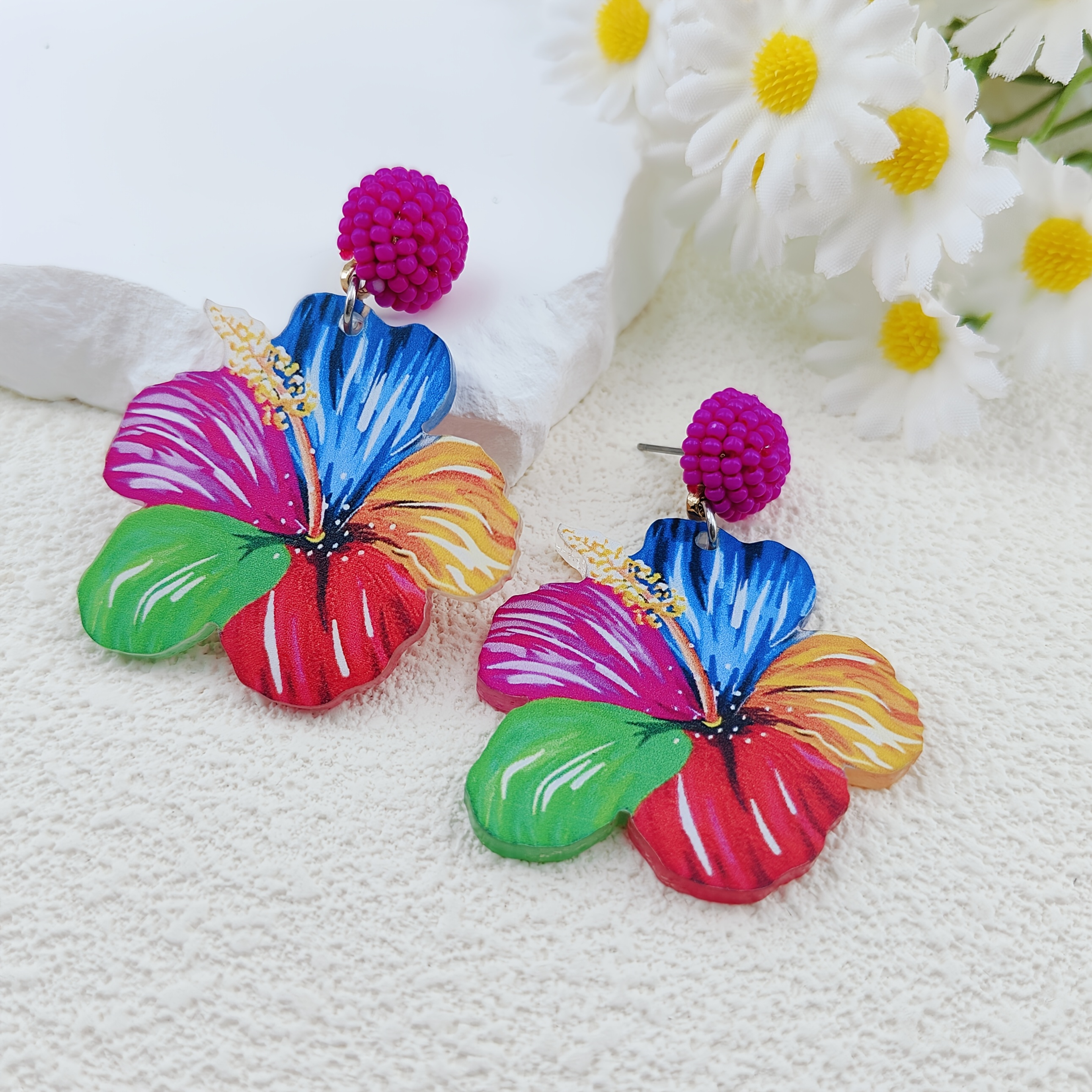 Elegant Multi-Colored Petal Design Resin Flower Earrings