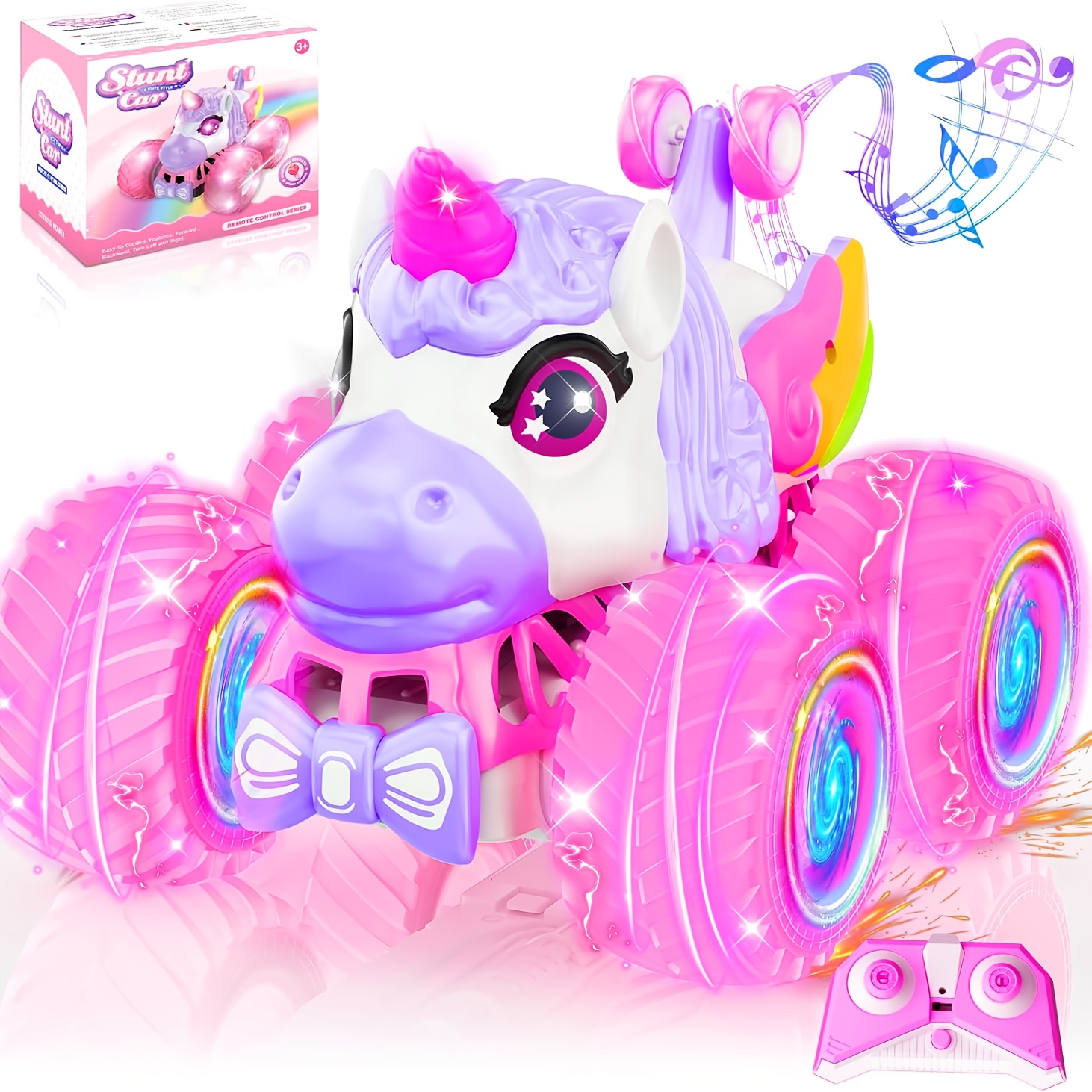 girls remote control car toy 360 rotating 4wd stunt truck with lights and music unicorn monster truck 2 4 ghz rechargeable all terrain pink vehicle birthday gift for girls