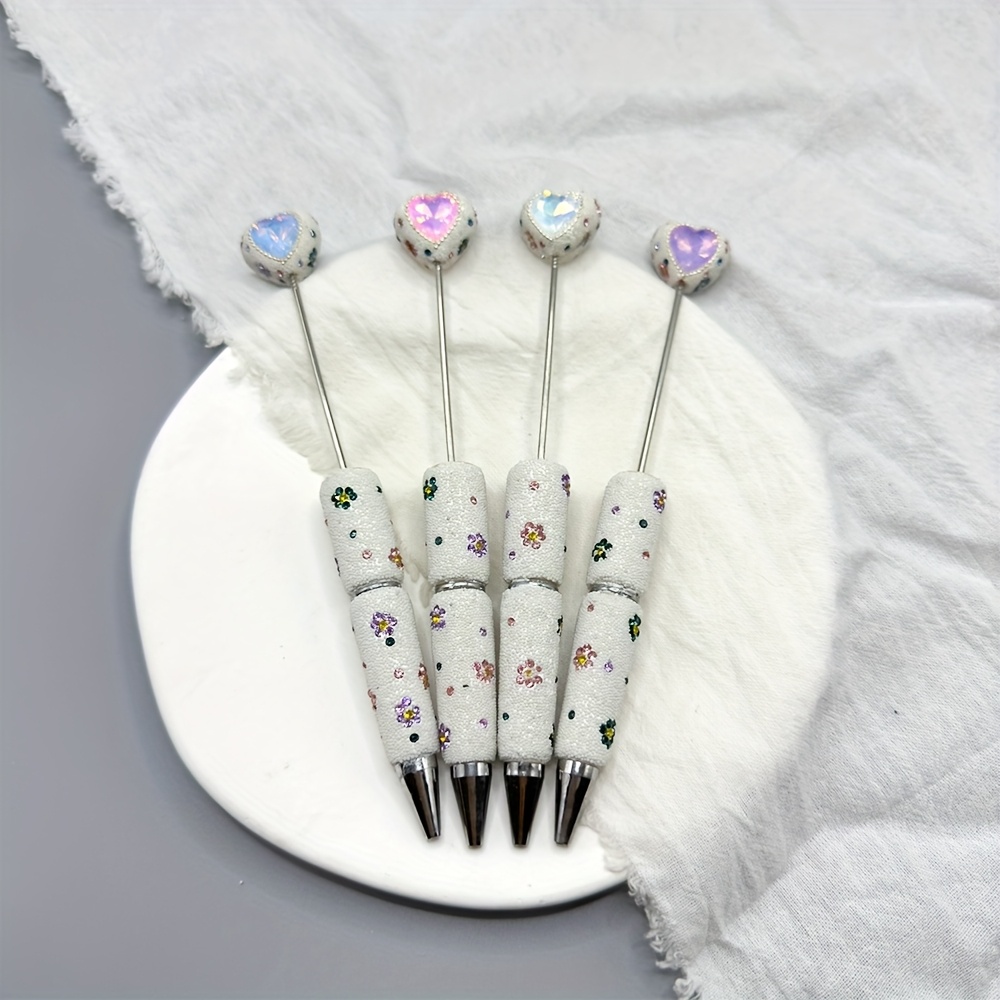 

1 Set Of Elegant Bead Ballpoint Pens - In A Of Bright Colors, With A Heart-shaped Cap And , Suitable For Making And Gift