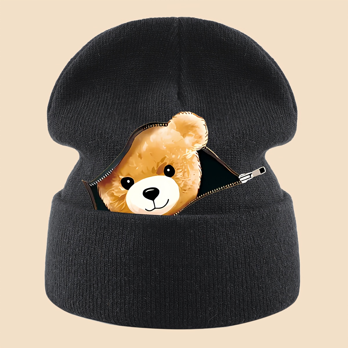 TEMU 1pc Warm Skull Cap With Zipper Bear Head Print, Unlined Hat For Men And Women, Loose Comfortable Ladies' Skull Cap, Cold Weather Protection Hat