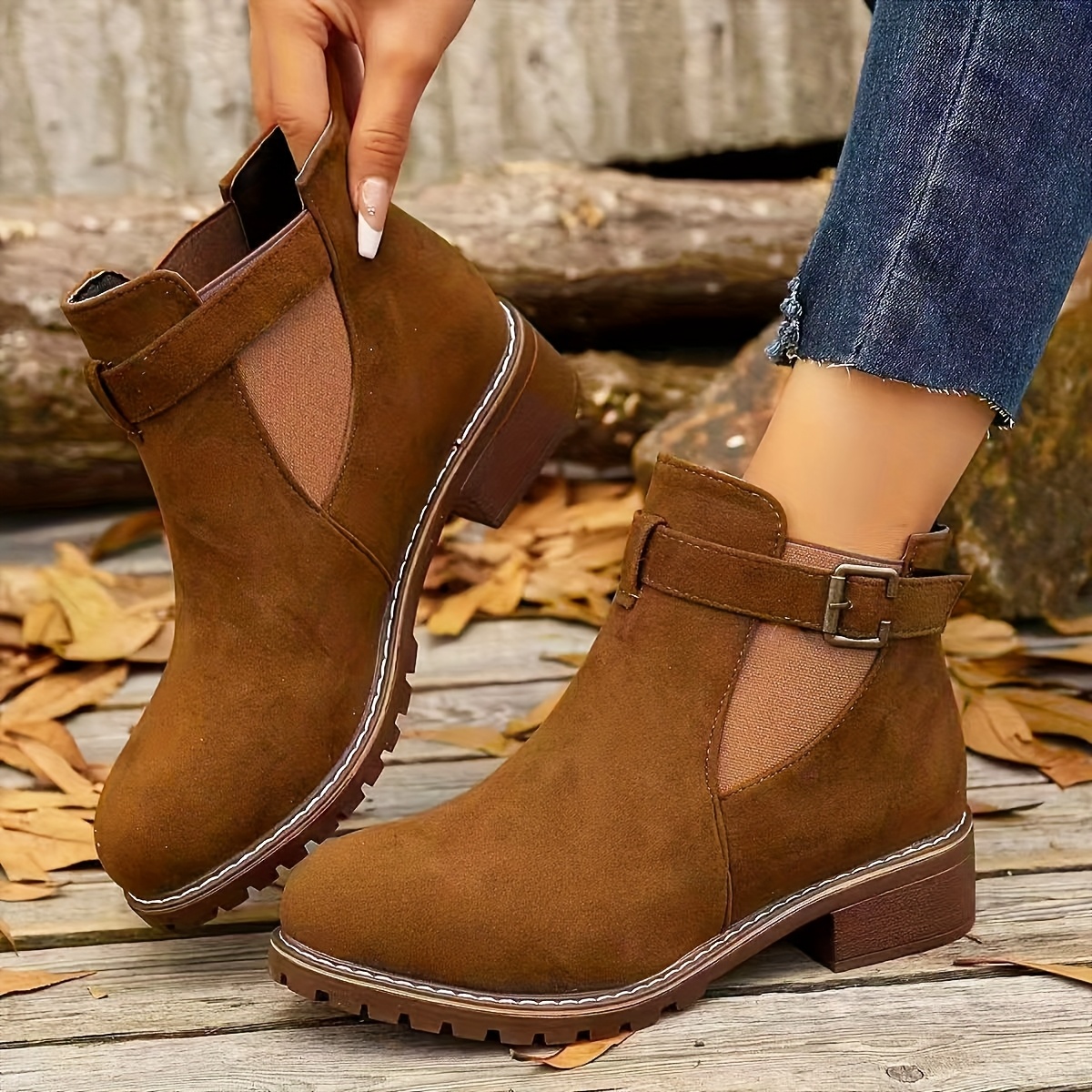 womens wide width winter short boots chunky heel slip round Temu