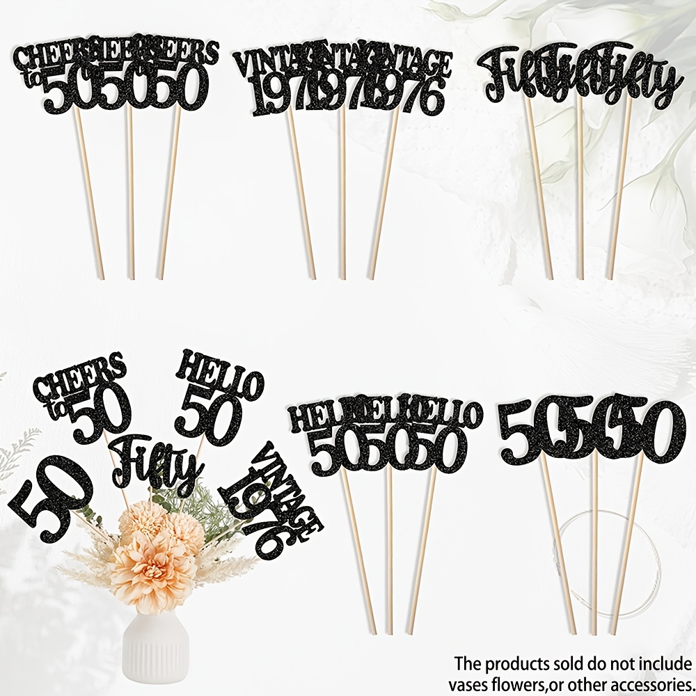 Image of 15pcs Happy 50th Birthday Centerpiece Sticks Hello 50 Vintage 1976 Table Flower Centerpieces Sticks Fifty Cheers To 50 Floral Decoration For 50th Birthday Party Centerpieces Supplies Black