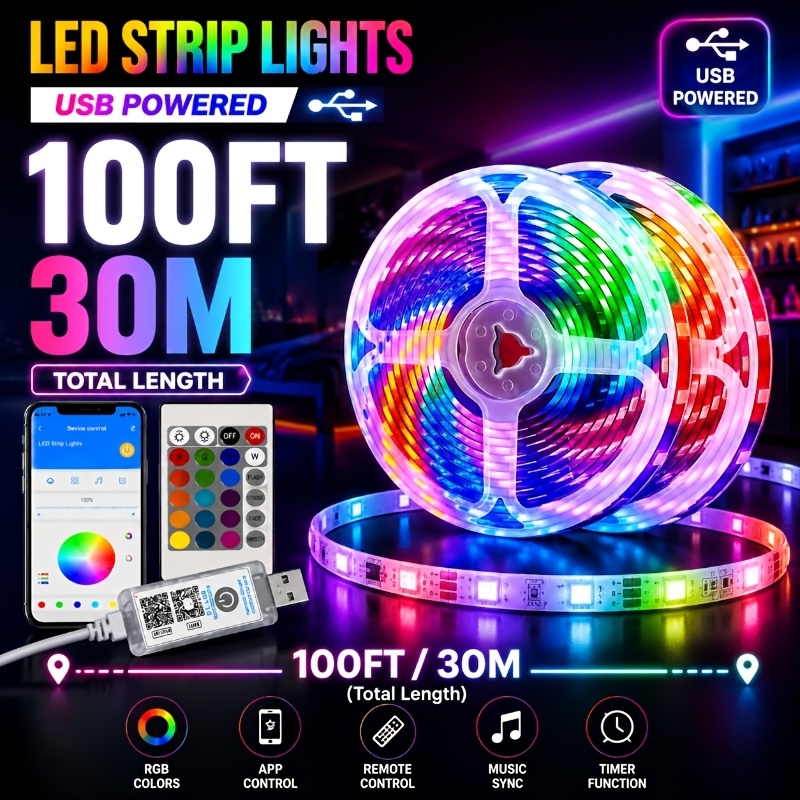 TEMU Rgb Led Strip Lights Compatible For Smartphones/tablets/pcs, Usb-powered App & Remote Control With Music Sync Color Changing Lights, Dimmable