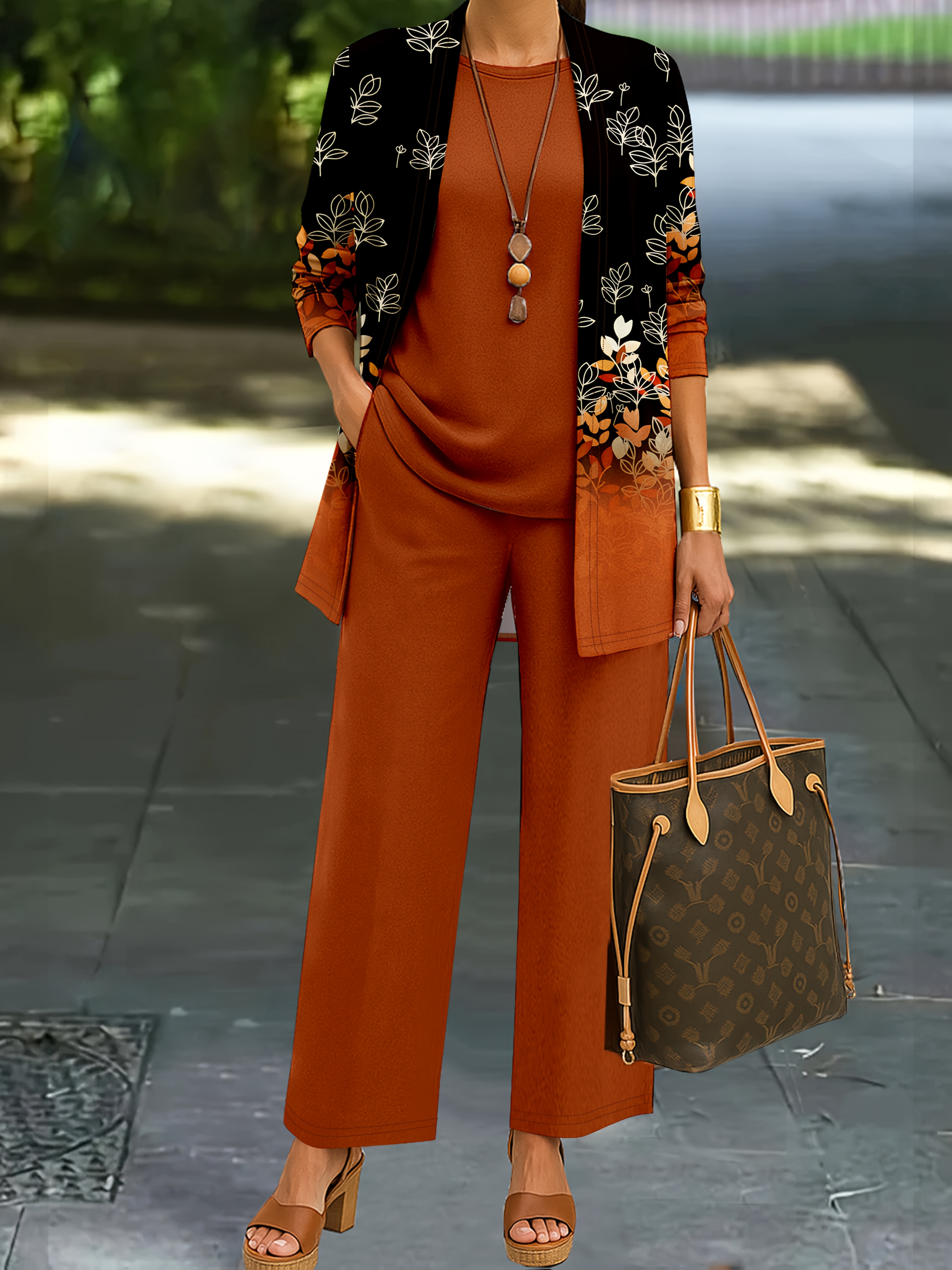 womens 3pcs print jumpsuit set long sleeve jacket wide leg Temu