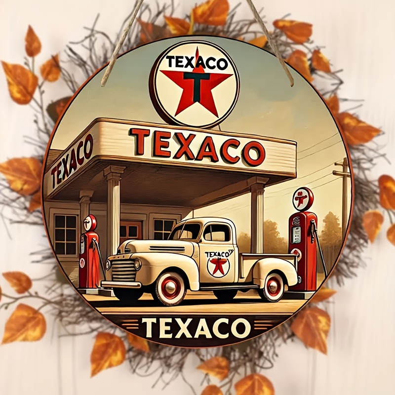 

1pc Texaco Gas Station Vintage Wall Art Sign - 8-inch Round, Weather-resistant Wooden Plaque With Truck Design, Easy To Hang For Home, Office, Bar Decor, Indoor & Outdoor Use, Truck Decor