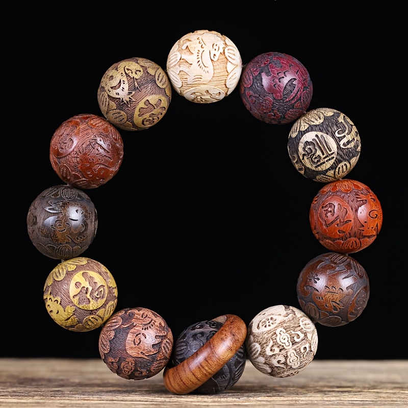 Handcrafted 20mm Diameter Carved Flower Zodiac Bead Bracelet, Unisex