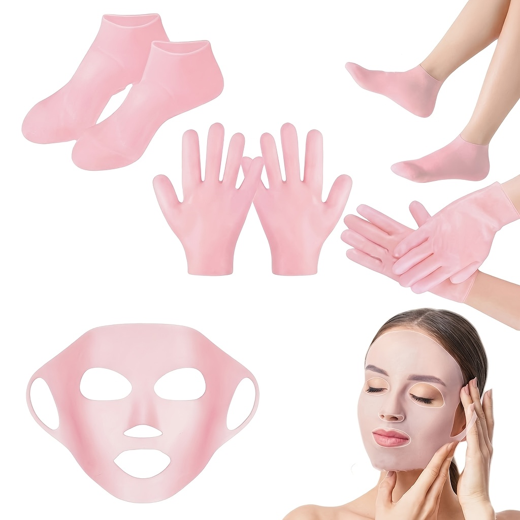 TEMU 5pcs Silicone Moisturizing Care Set, Suitable For Face, Hands, And Feet, Reusable 3d Anti-evaporation Mask, Keratin Softening Care Gloves And