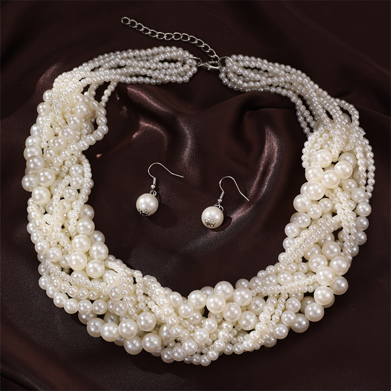 TEMU Conjunto de Joyería de Moda para Mujer, 3 piezas/juego, Collar y Aretes con de Perlas, Elegante y , Collar de Perlas Multicapa de , Regalo Ideal