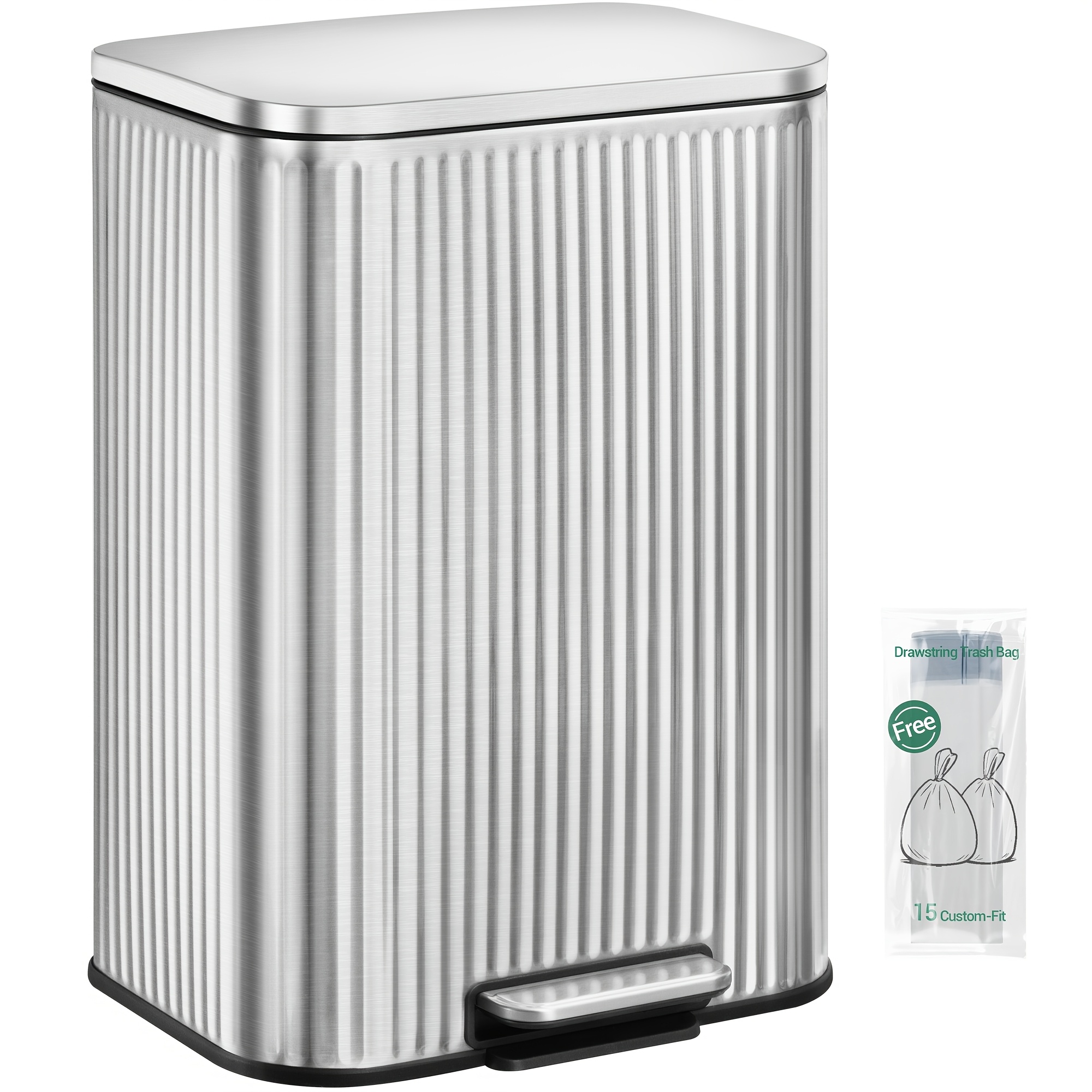 Kitchen Trash Can, 50l Pedal Bin With Removable Inner Bucket, Modern Vertical-stripe Trash Can With Lid And 15 Trash Bags