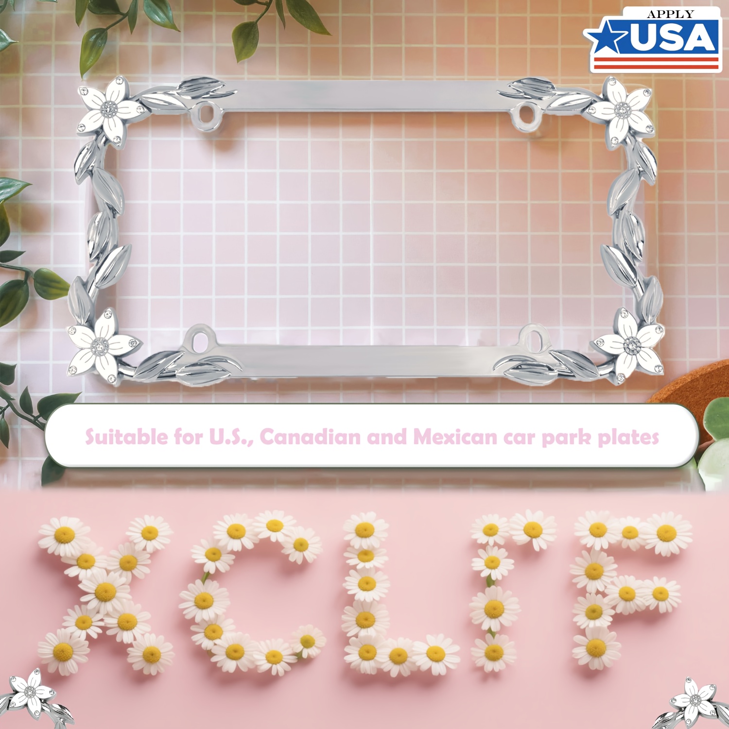License Plate Roses and Feathers 1pc, 3D Shiny Diamond-Studded Daisy License Plate Frame with Pure Alloy  Metal Plates – Gift for