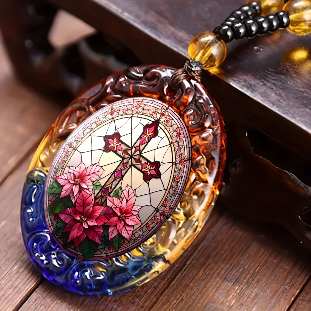 A Vibrant And Fashionable Floral Pendant In Of A Cross; A Chic Oval Necklace; An Religious Gift For Men