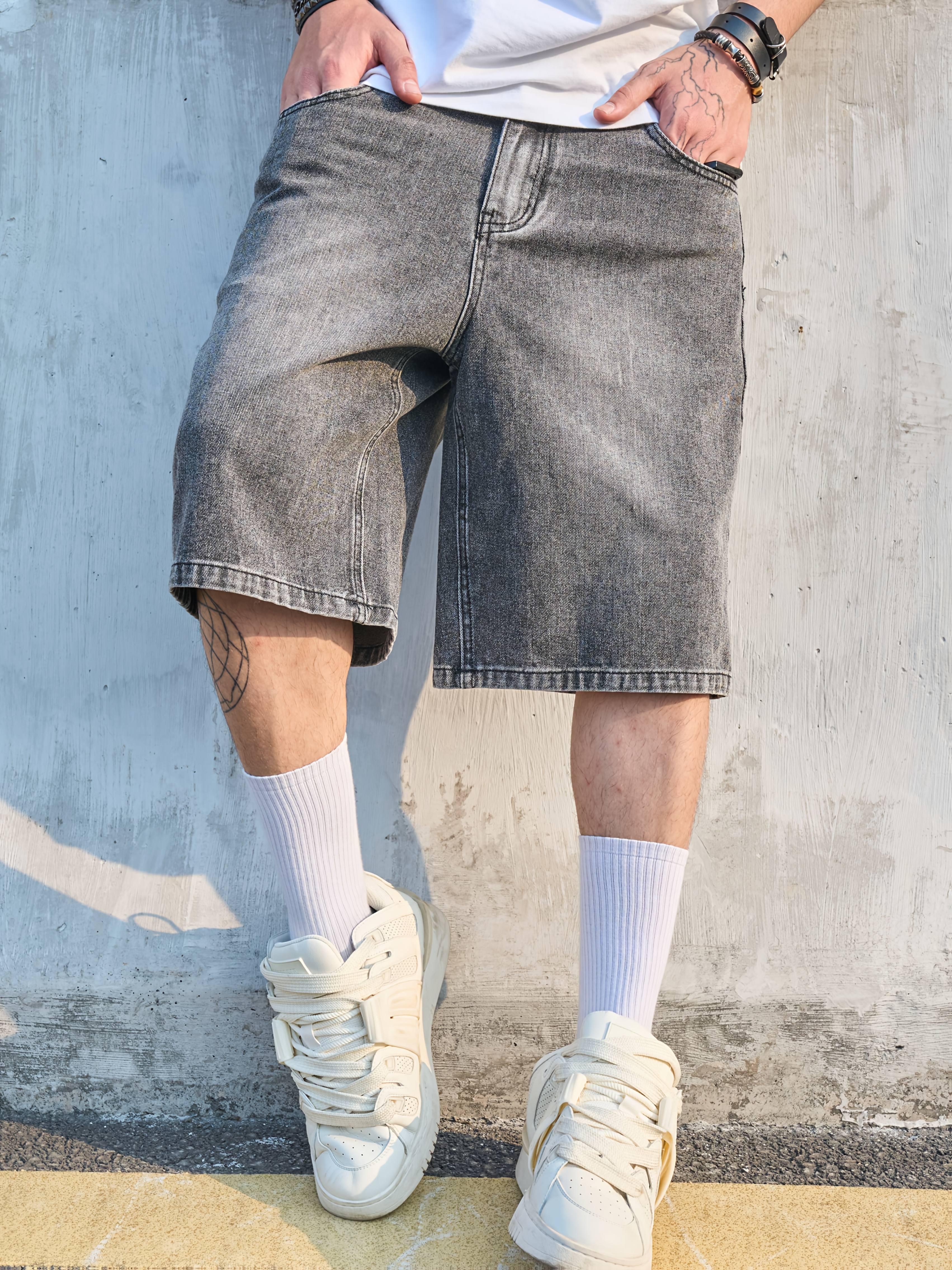 mens 2025 summer denim shorts loose straight leg knee length casual shorts with pockets machine washable non stretch fabric for versatile styling details 0