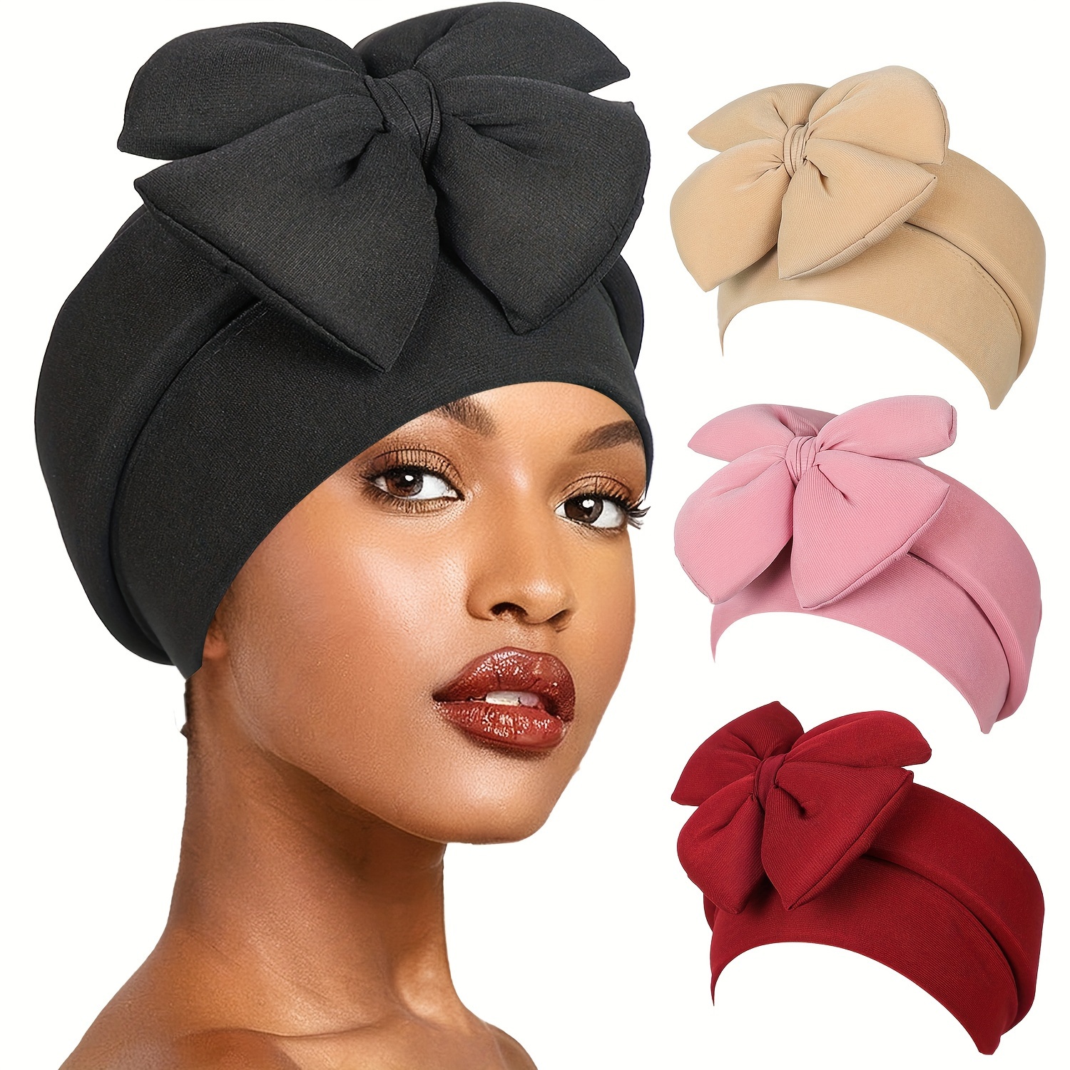 

1 Chic Women's African-inspired Turbans - Stylish Solid Color Head Wraps With Large Bow, Elastic Polyester Chemotherapy Hats, Machine Washable - New Year &