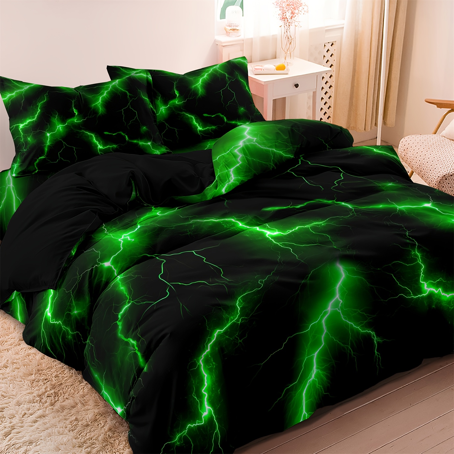 TEMU 3pcs Purple/green/red/blue/yellow Lightning Theme Quilt Duvet Cover Bedding, Hd Printing, Soft Comfortable, For , Bedroom Decorations, For ,